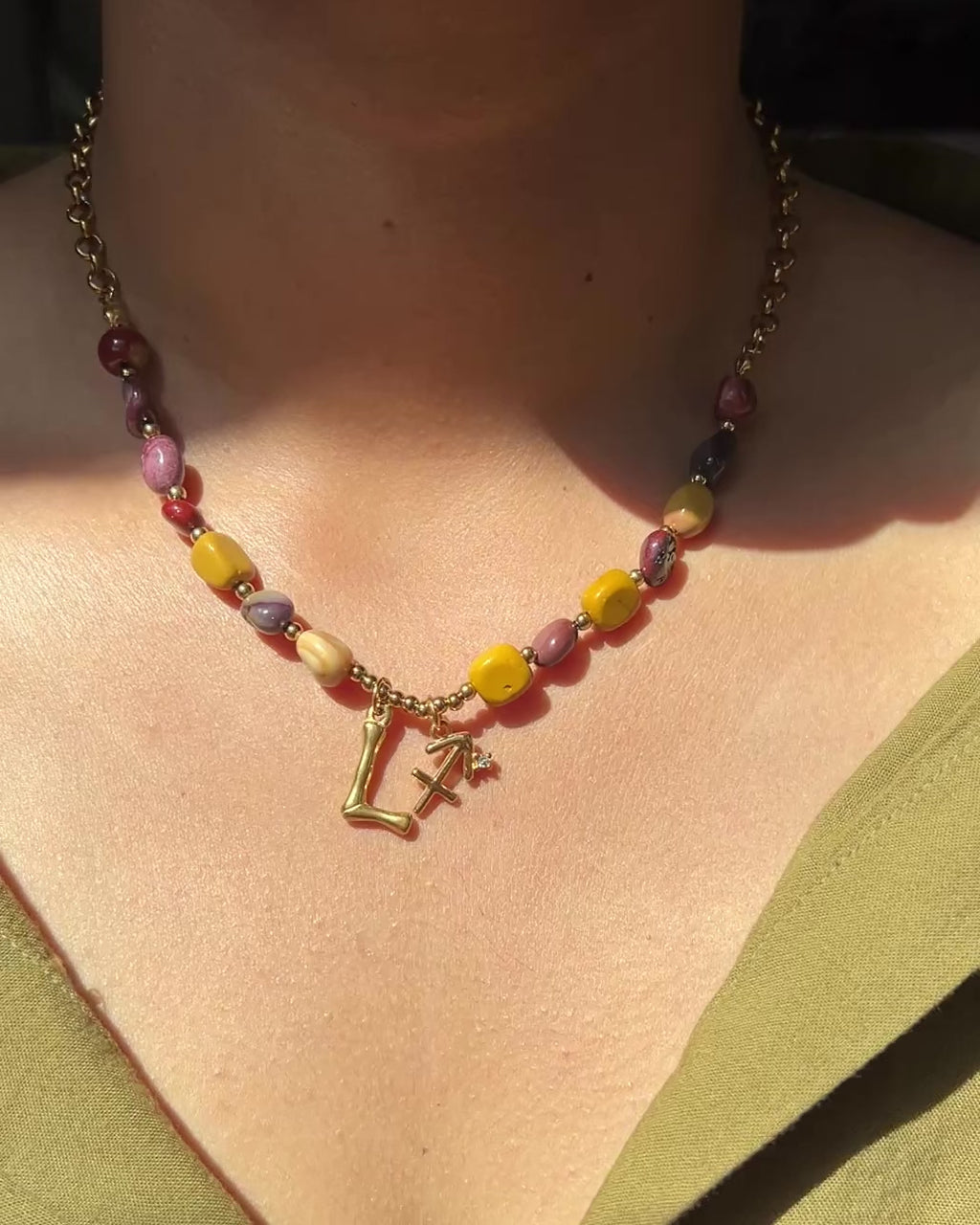 Natural Stone Letter & Zodiac Necklace